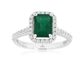 14K White Gold Emerald and Diamond Halo Ring