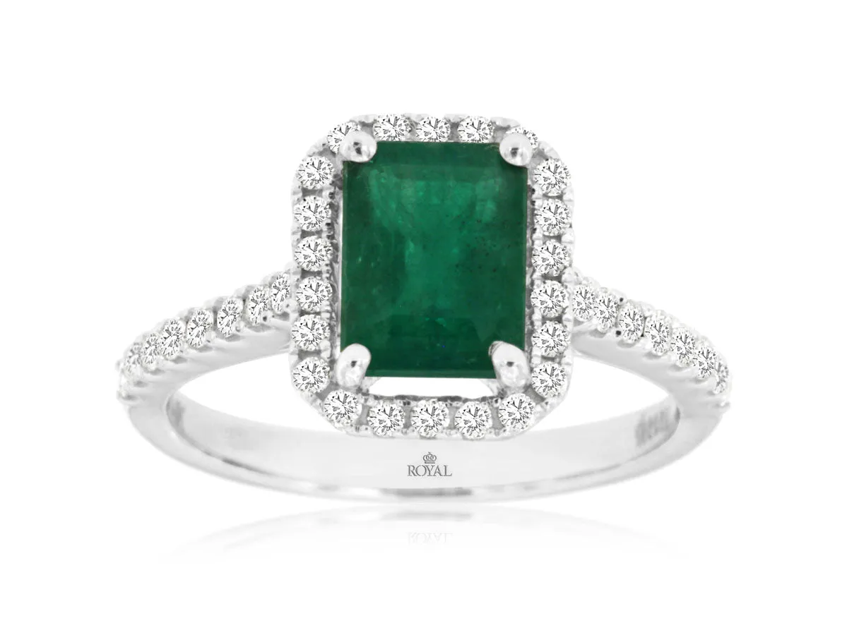 14K White Gold Emerald and Diamond Halo Ring