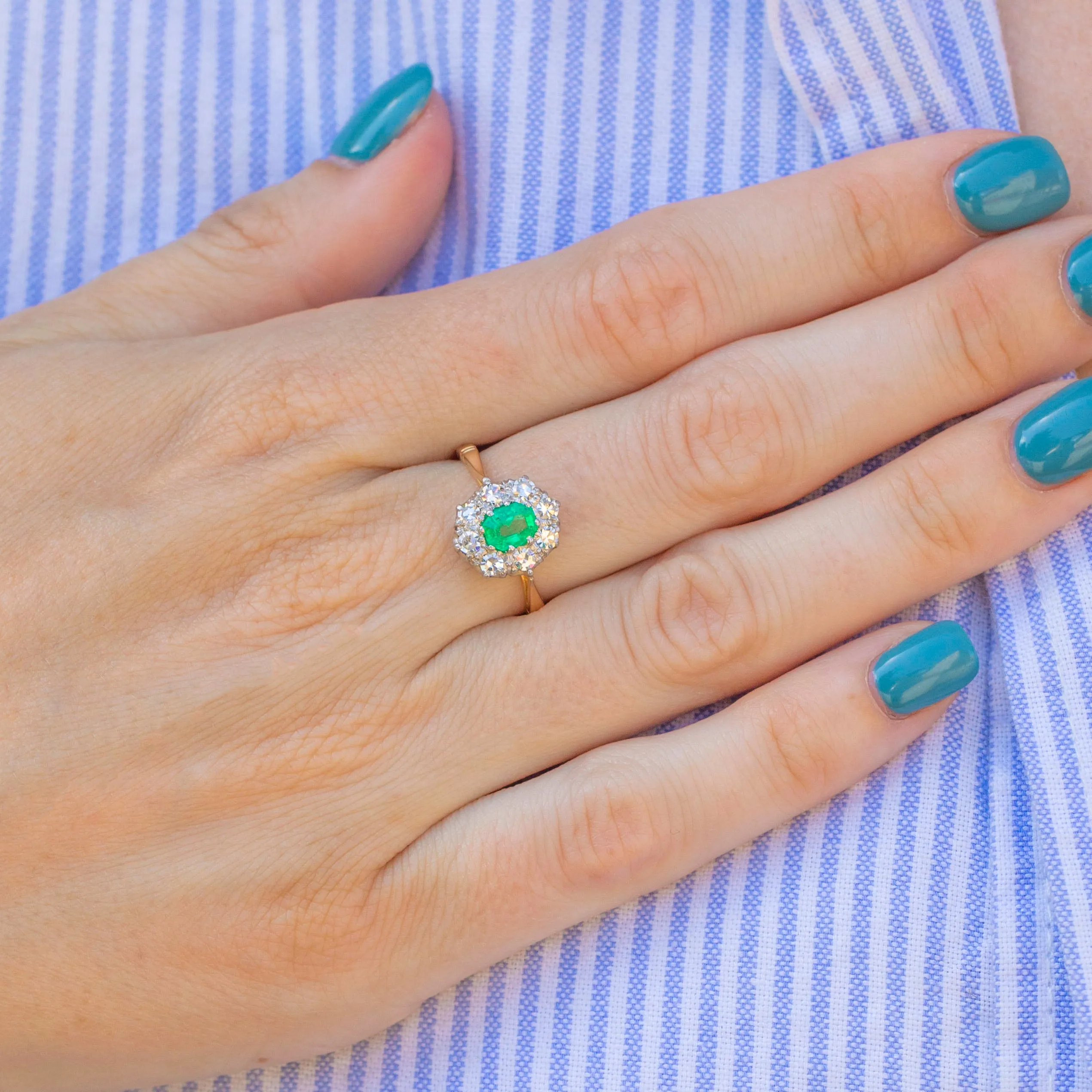 Antique 18ct Gold Emerald & Diamond Cluster Ring, 0.60ct Emerald