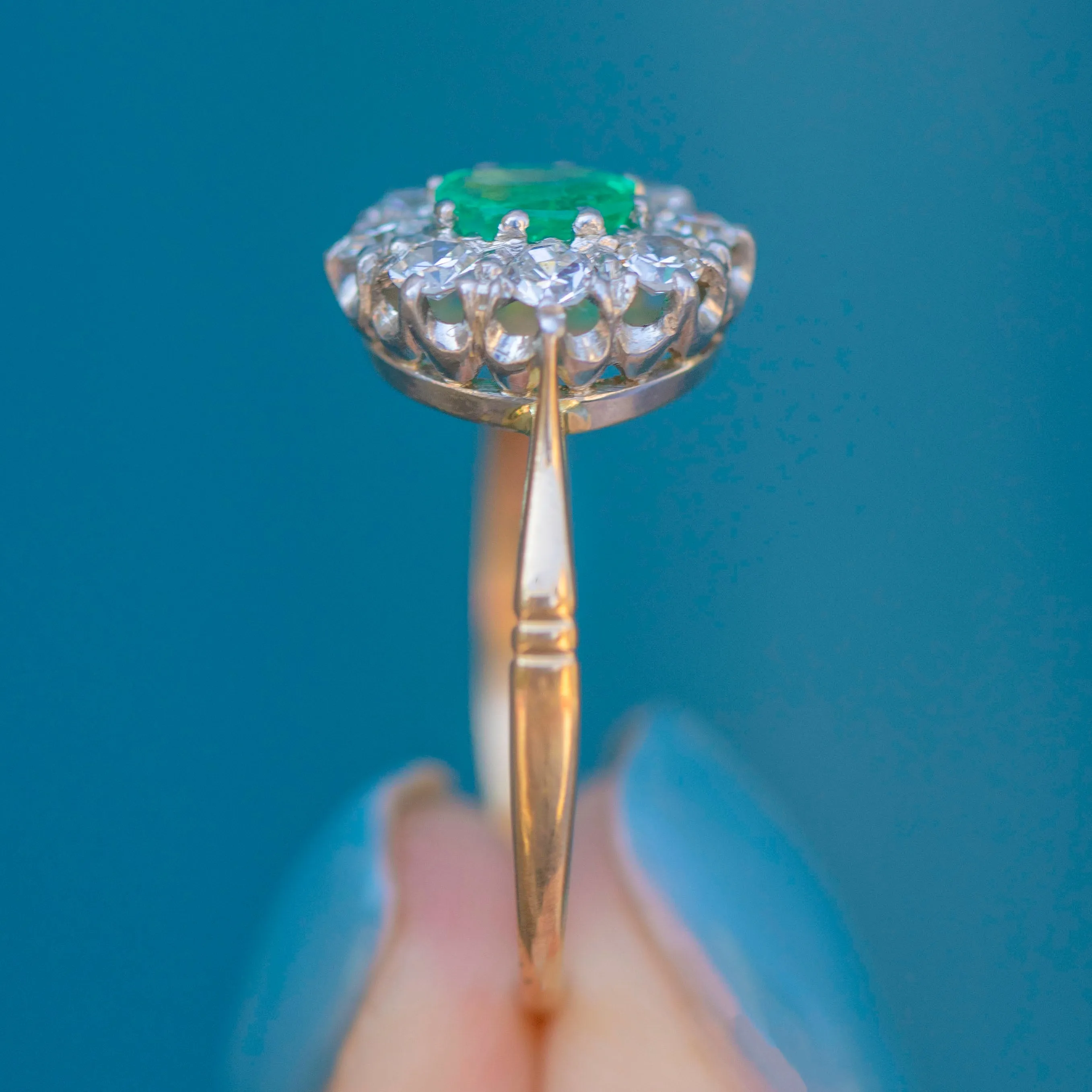 Antique 18ct Gold Emerald & Diamond Cluster Ring, 0.60ct Emerald