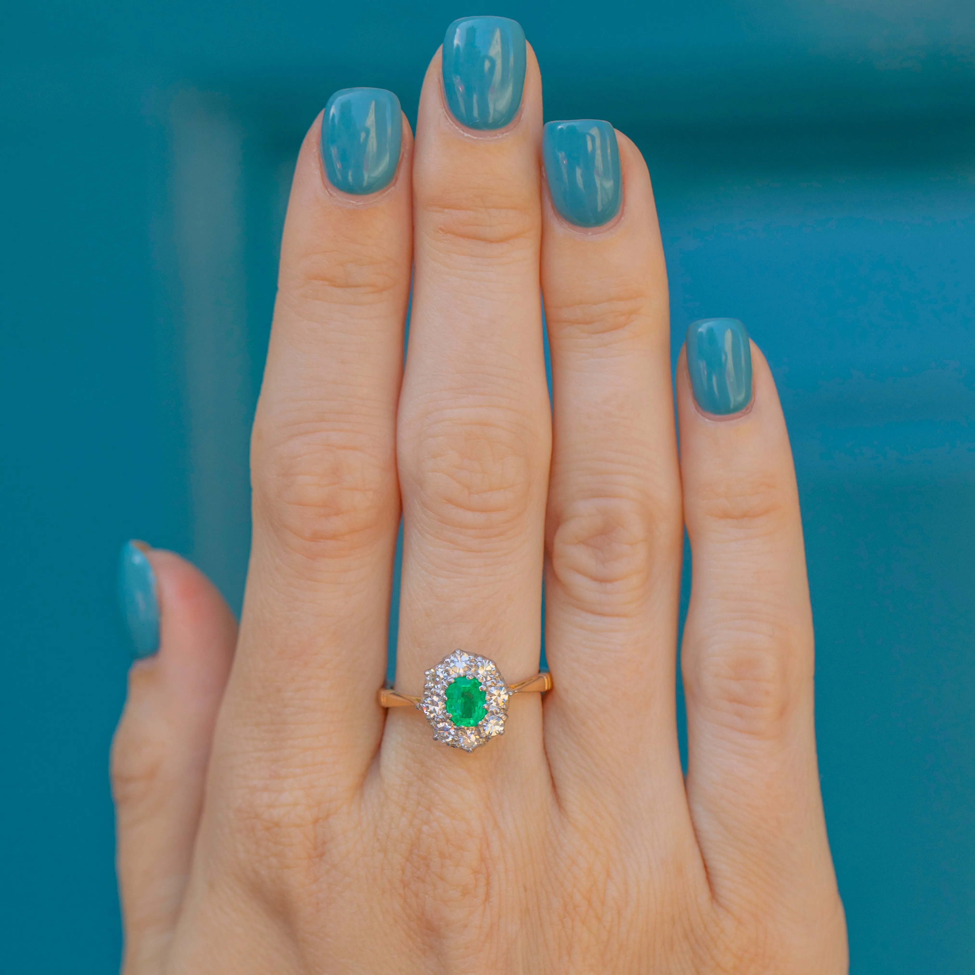 Antique 18ct Gold Emerald & Diamond Cluster Ring, 0.60ct Emerald