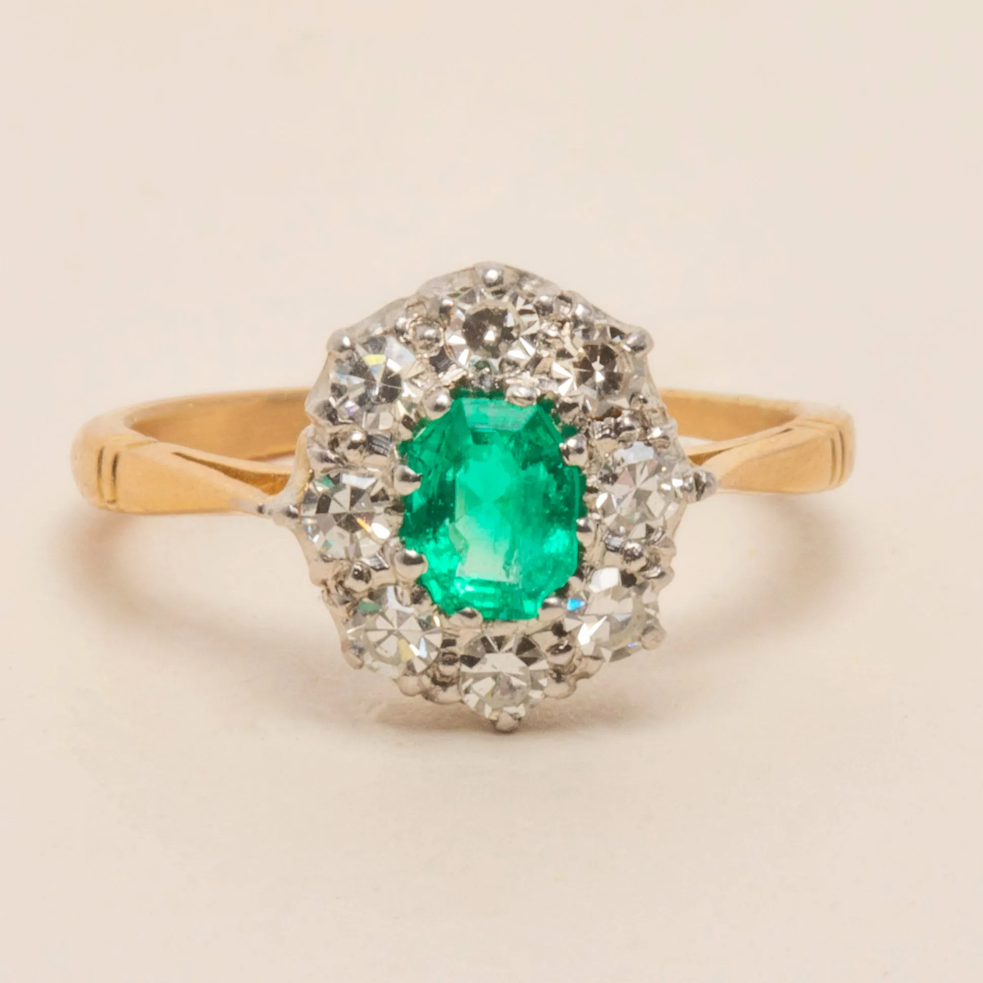 Antique 18ct Gold Emerald & Diamond Cluster Ring, 0.60ct Emerald
