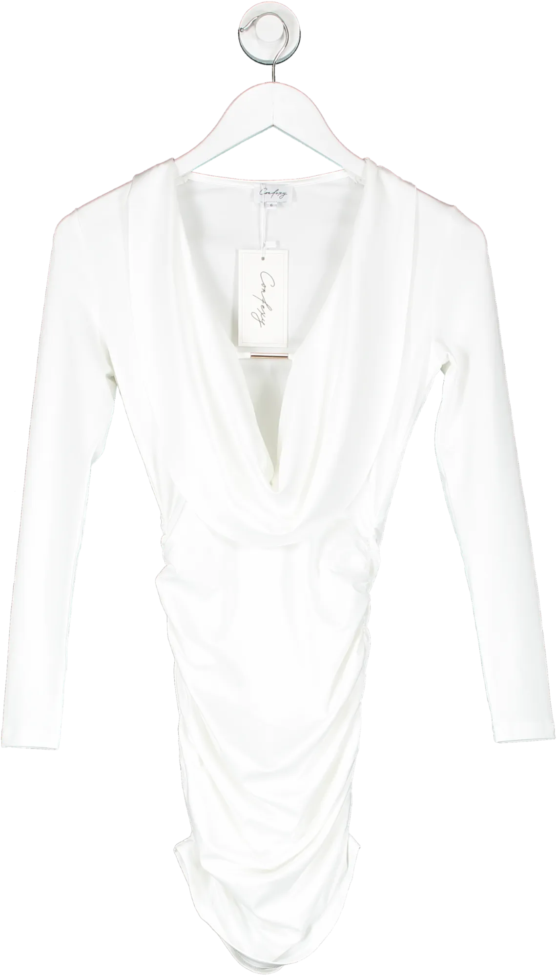 confexy White Long Sleeve Mini Dress With Deep Neck Plunge And Gold Bar Detail UK 6