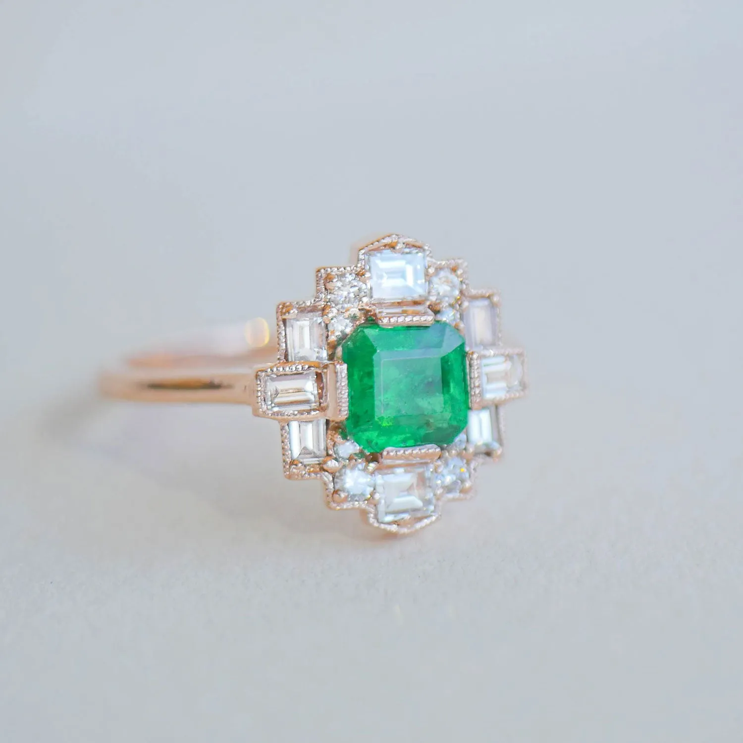 Custom Deco Asscher Diamond Mosaic Ring with Emerald