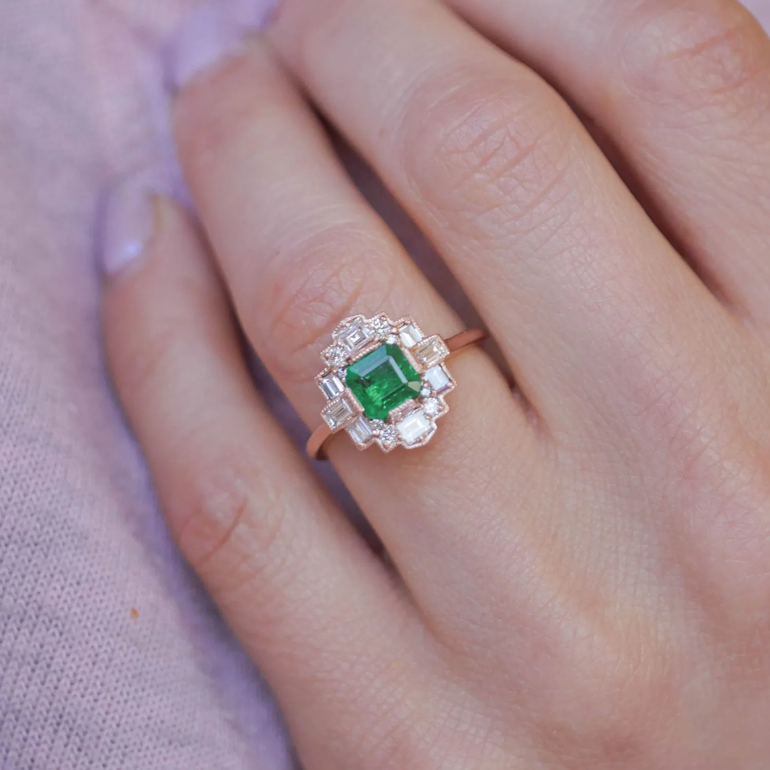 Custom Deco Asscher Diamond Mosaic Ring with Emerald