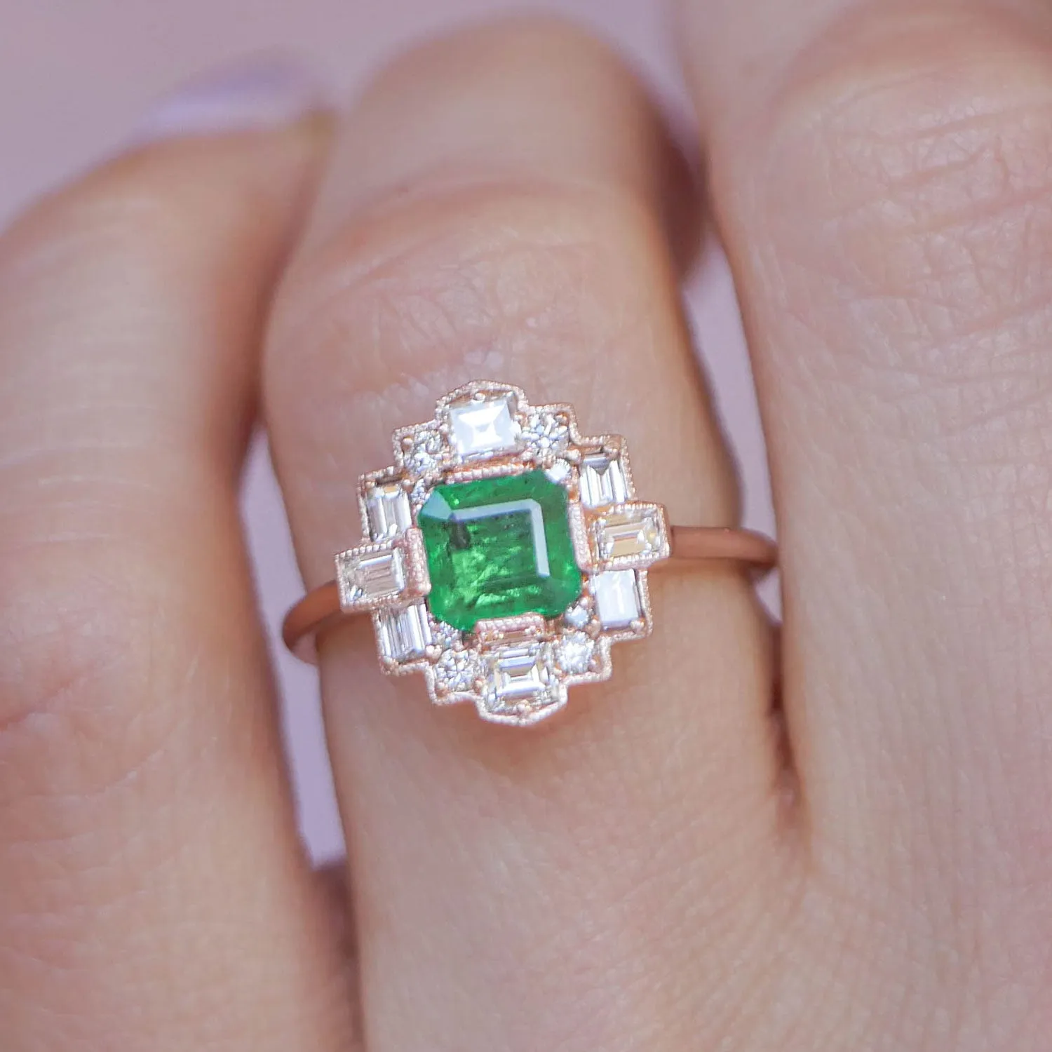 Custom Deco Asscher Diamond Mosaic Ring with Emerald