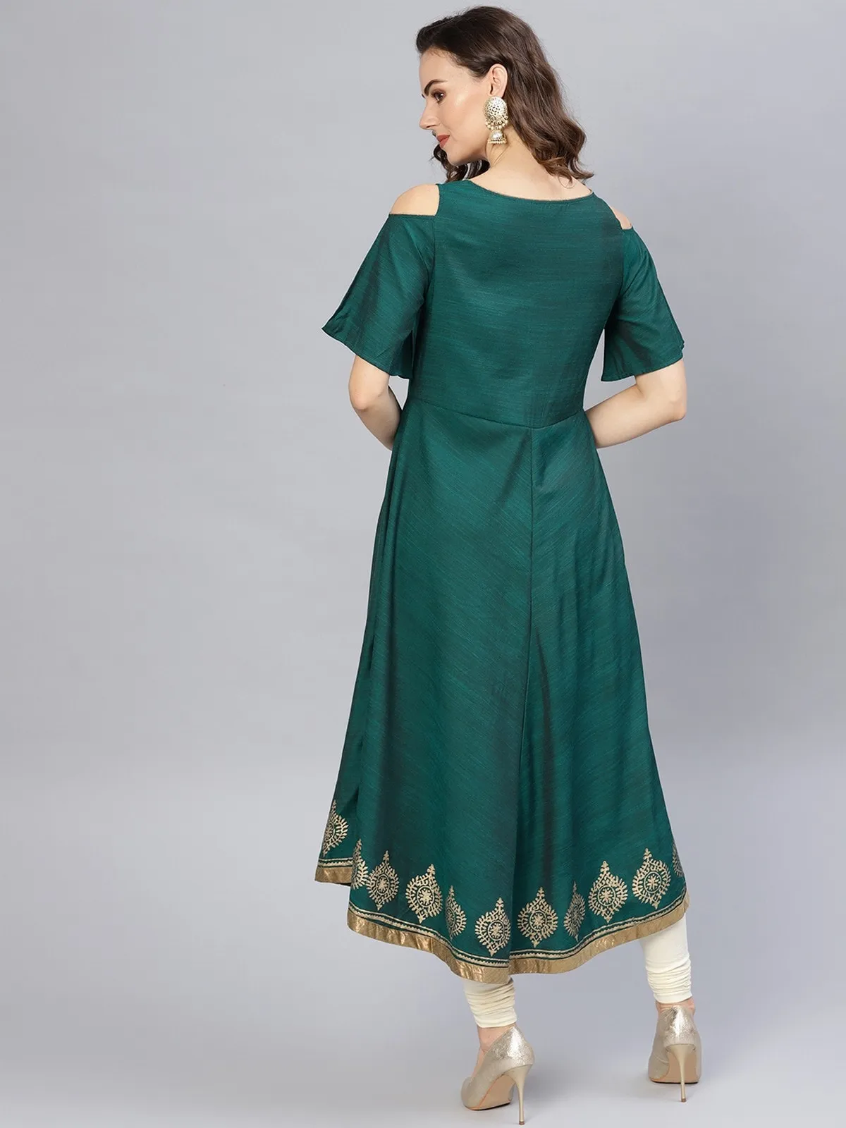 Gold Block Printed Cold-Shoulder Kurta