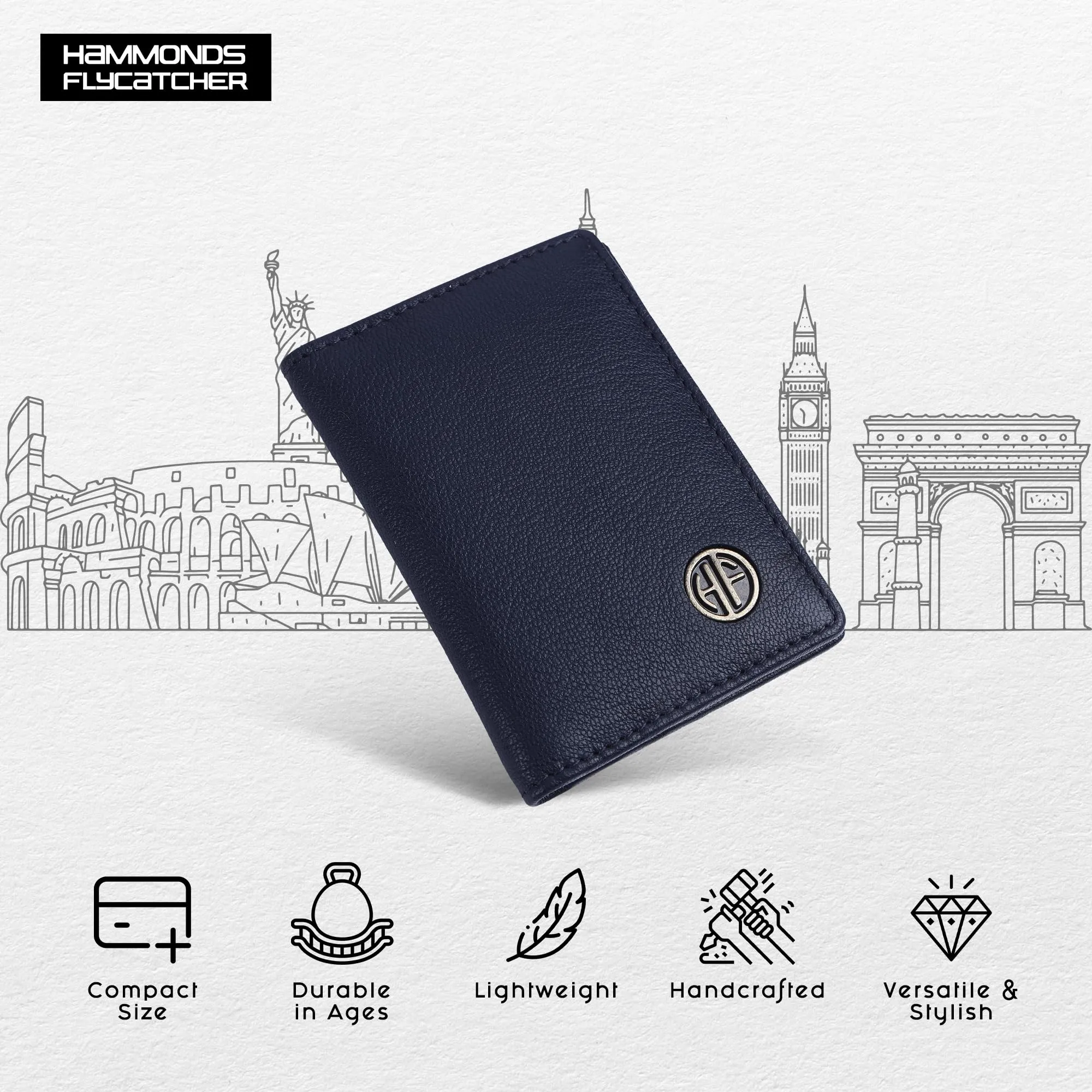 HAMMONDS FLYCATCHER Genuine Leather Card Holder for Men, Credit Card Holder, Slim Bi-Fold RFID Protected Credit Card Wallet for Men with 6 Card Slots, Metal Snap Button - Blue