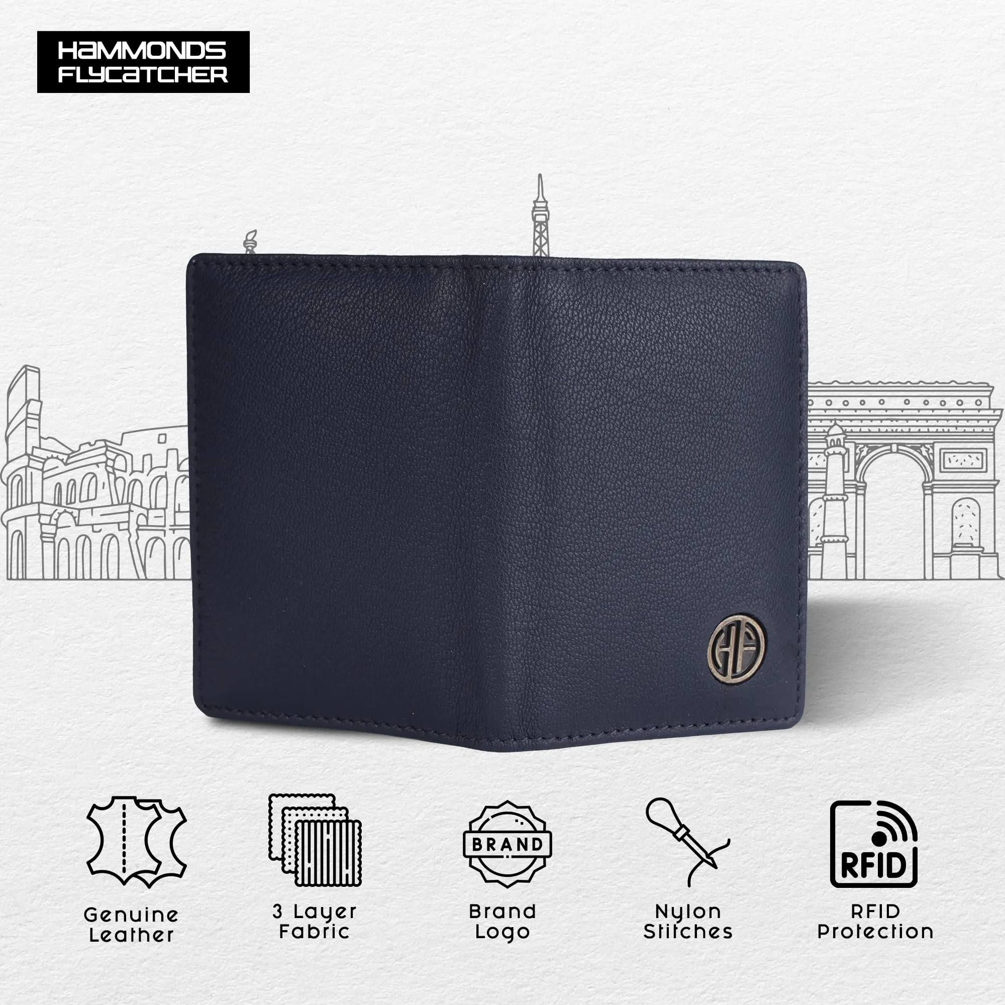 HAMMONDS FLYCATCHER Genuine Leather Card Holder for Men, Credit Card Holder, Slim Bi-Fold RFID Protected Credit Card Wallet for Men with 6 Card Slots, Metal Snap Button - Blue