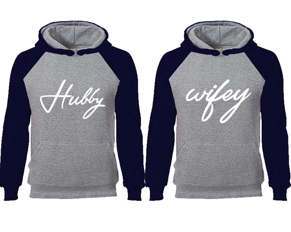 Hubby and Wifey Couple Matching Raglan Hoodies,Design Contrast Hoodies