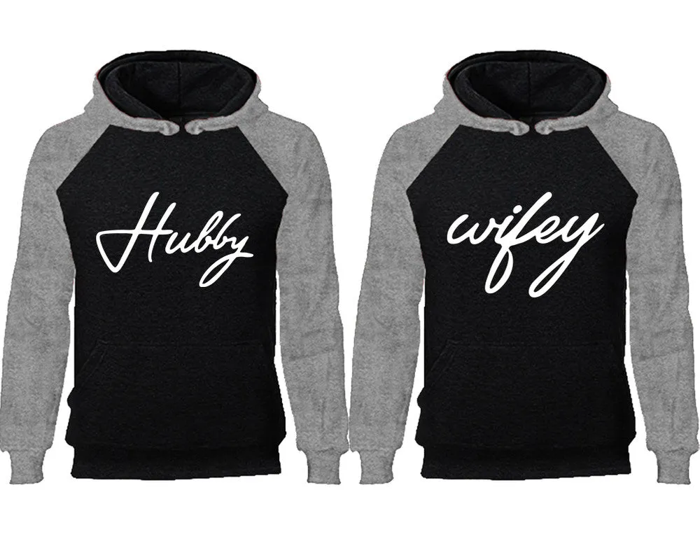 Hubby and Wifey Couple Matching Raglan Hoodies,Design Contrast Hoodies