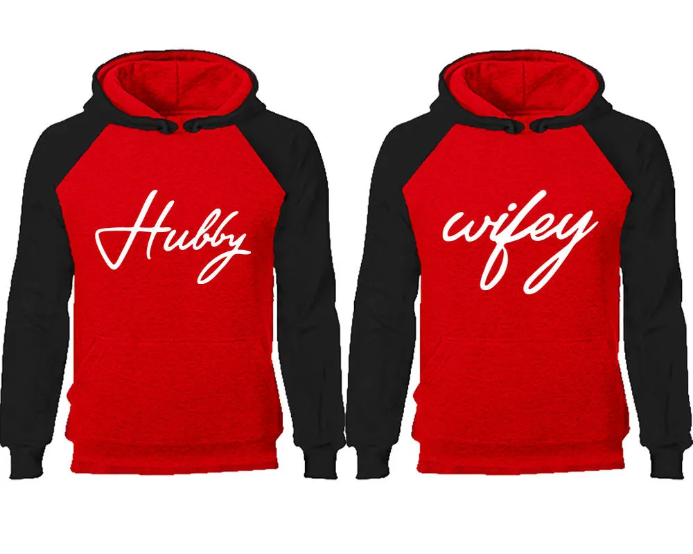 Hubby and Wifey Couple Matching Raglan Hoodies,Design Contrast Hoodies