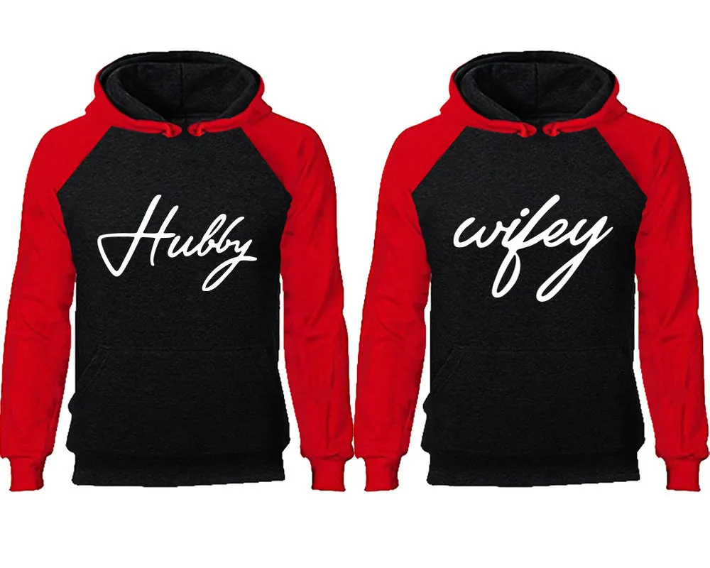 Hubby and Wifey Couple Matching Raglan Hoodies,Design Contrast Hoodies