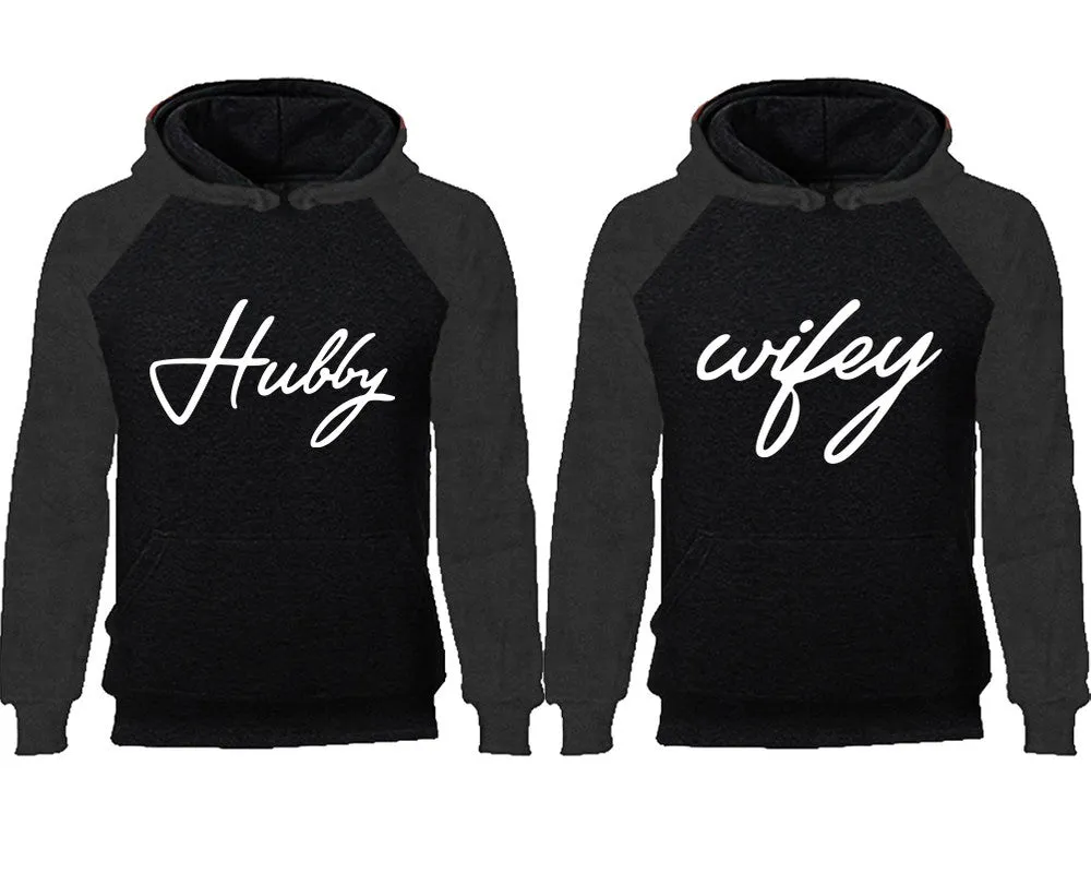 Hubby and Wifey Couple Matching Raglan Hoodies,Design Contrast Hoodies