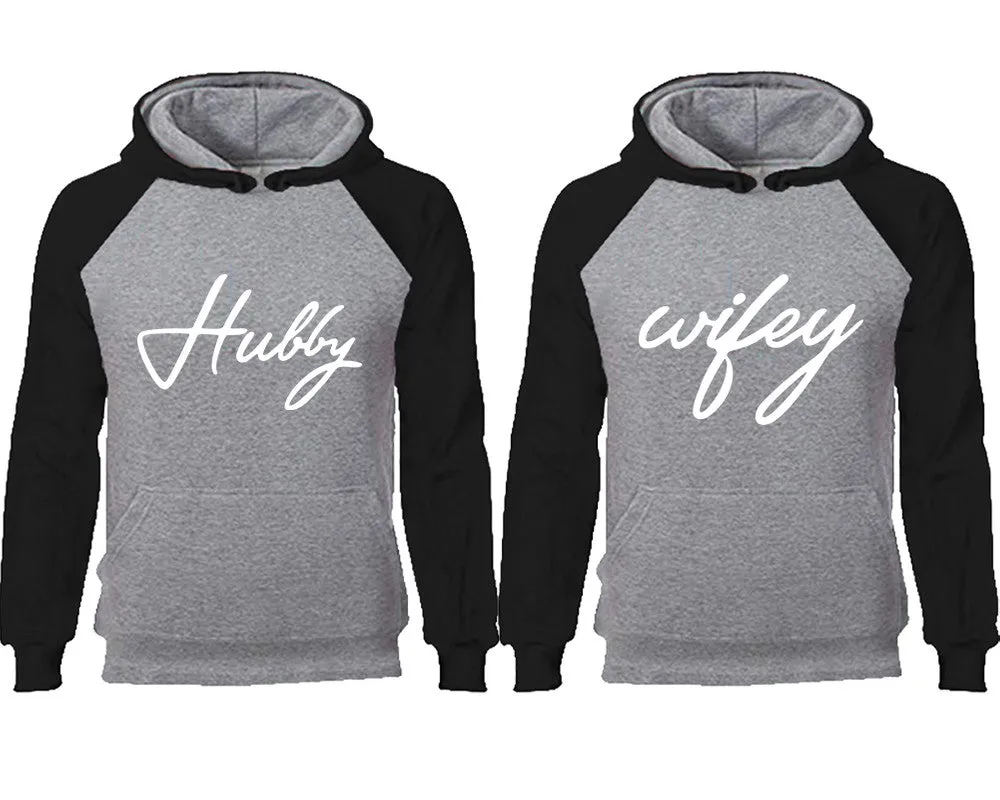 Hubby and Wifey Couple Matching Raglan Hoodies,Design Contrast Hoodies