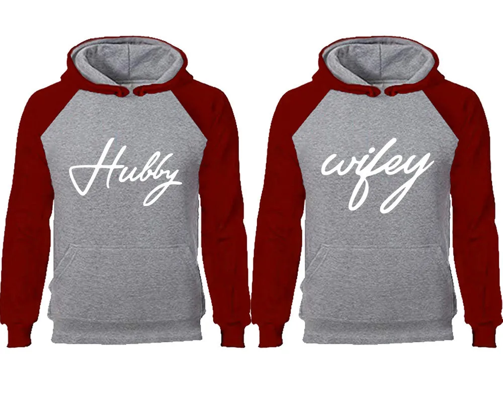 Hubby and Wifey Couple Matching Raglan Hoodies,Design Contrast Hoodies