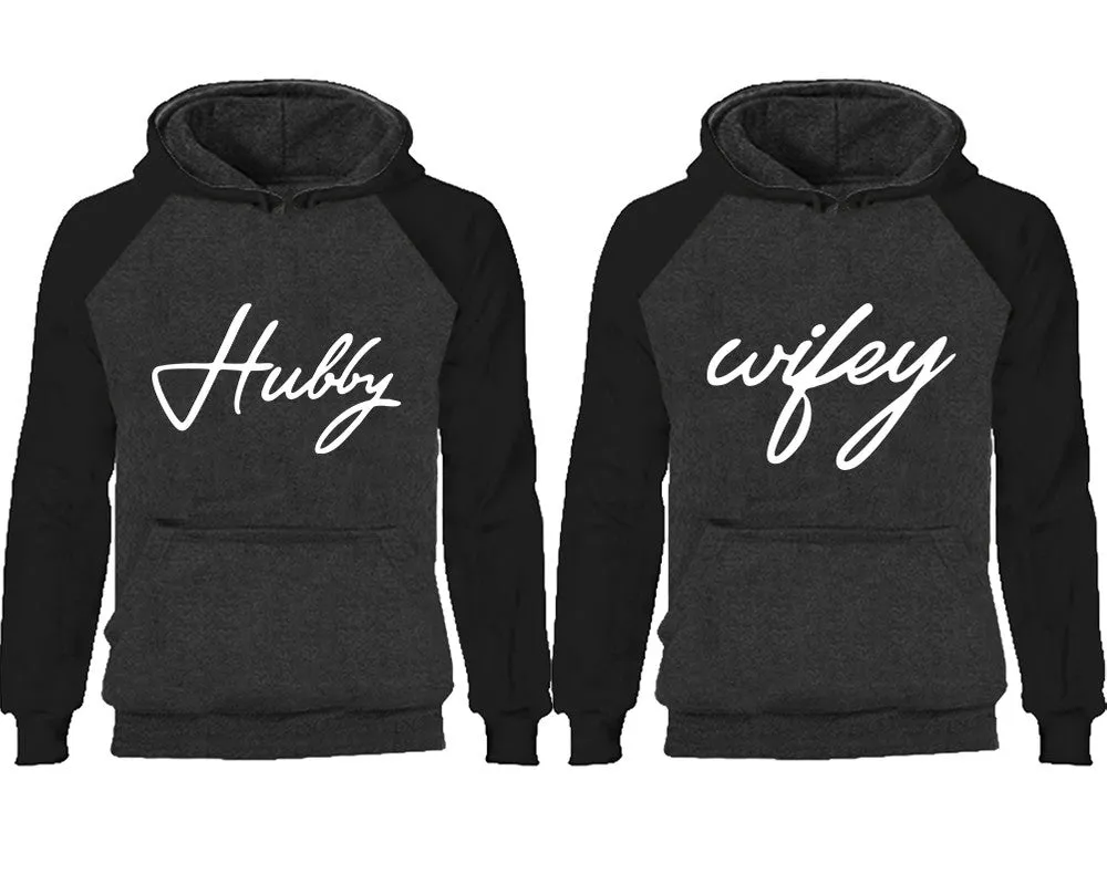 Hubby and Wifey Couple Matching Raglan Hoodies,Design Contrast Hoodies