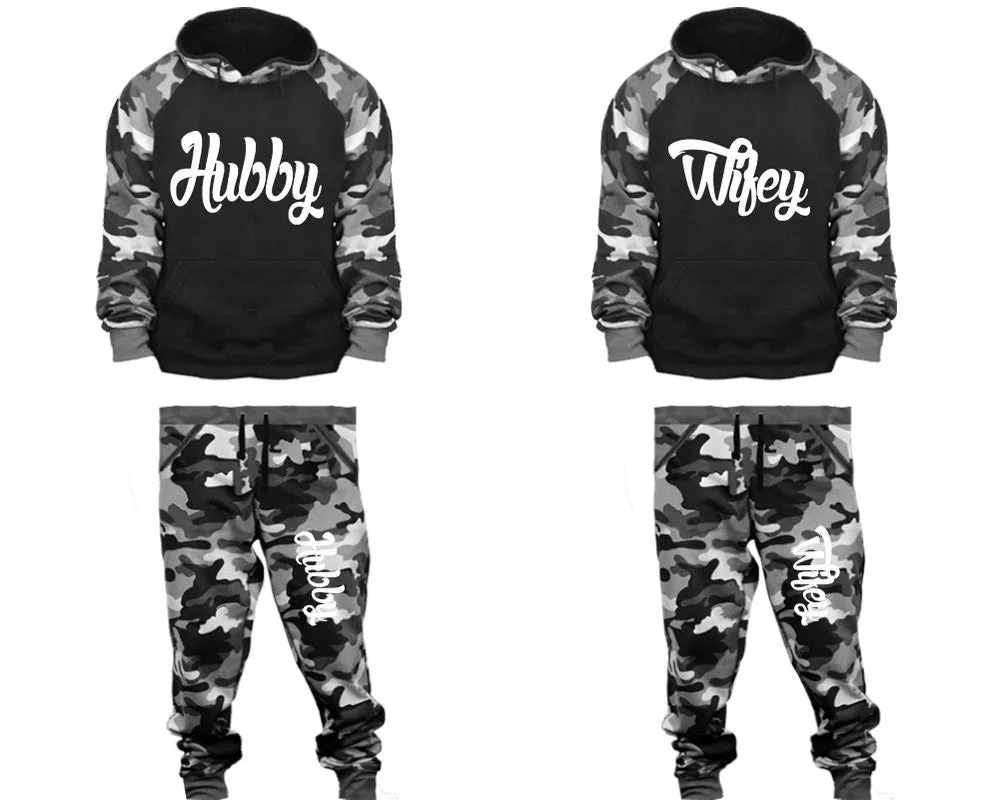 Hubby Wifey Couple Matching Camo Hoodies and Jogger Pants Top & Bottom Sets