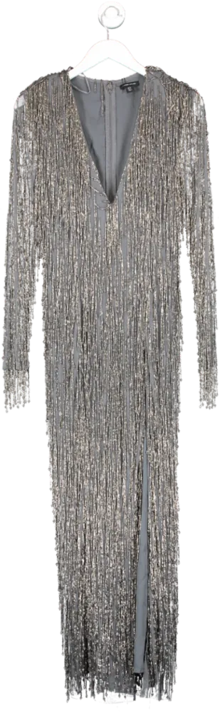 Karen Millen Grey Embellished Fringe Plunge Neck Maxi Dress UK 12