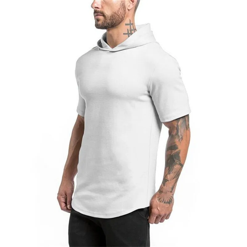 Mens Bodybuilding Hoodies - Gyms Hooded Short Sleeve Fitness Clothing