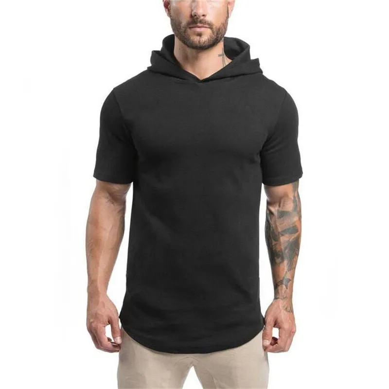 Mens Bodybuilding Hoodies - Gyms Hooded Short Sleeve Fitness Clothing