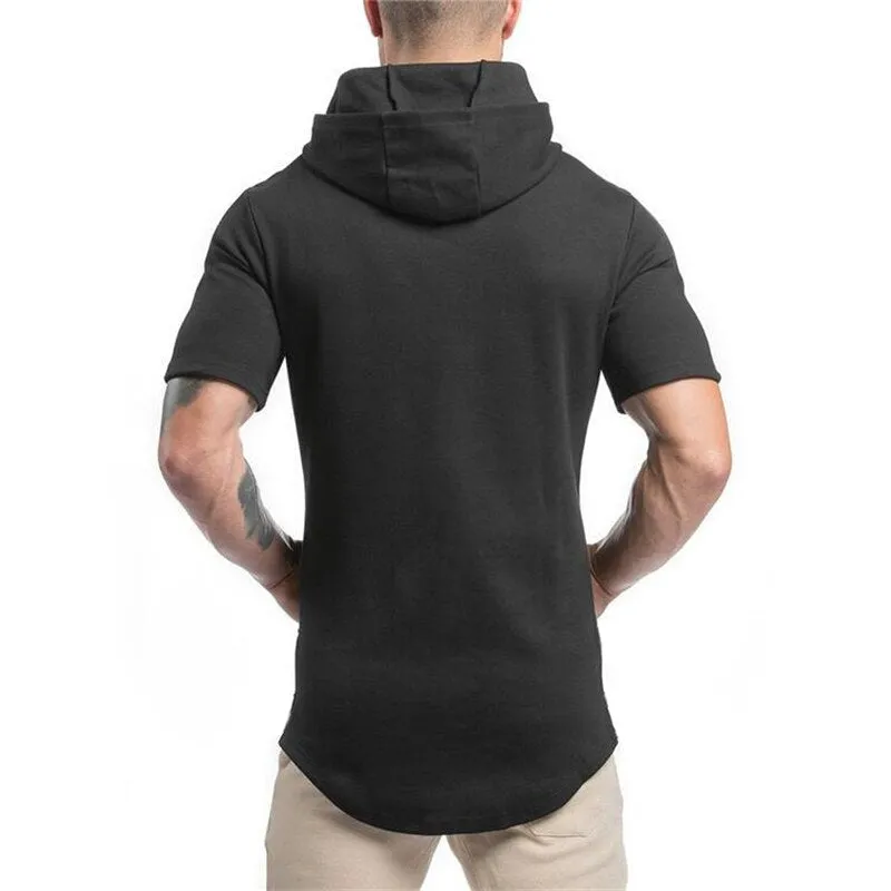 Mens Bodybuilding Hoodies - Gyms Hooded Short Sleeve Fitness Clothing