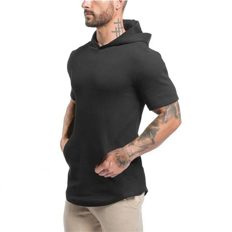 Mens Bodybuilding Hoodies - Gyms Hooded Short Sleeve Fitness Clothing