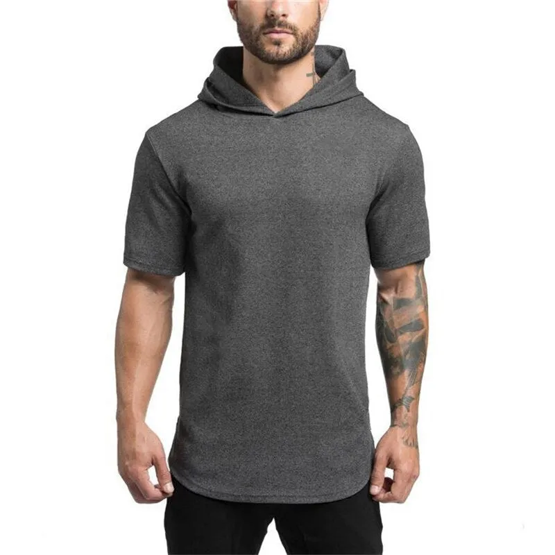 Mens Bodybuilding Hoodies - Gyms Hooded Short Sleeve Fitness Clothing