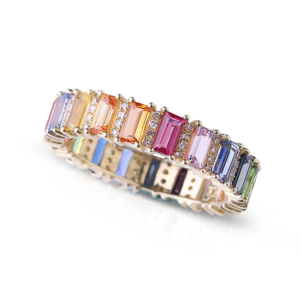 RAINBOW SAPPHIRE EMERALD CUT WITH DIAMOND ETERNITY BAND